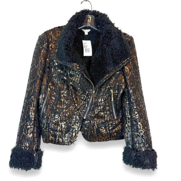 Harlow Zee Y2K Rocker Jacket Faux Croc Pattern Black Gold Sherpa Lined Large - Picture 1 of 11